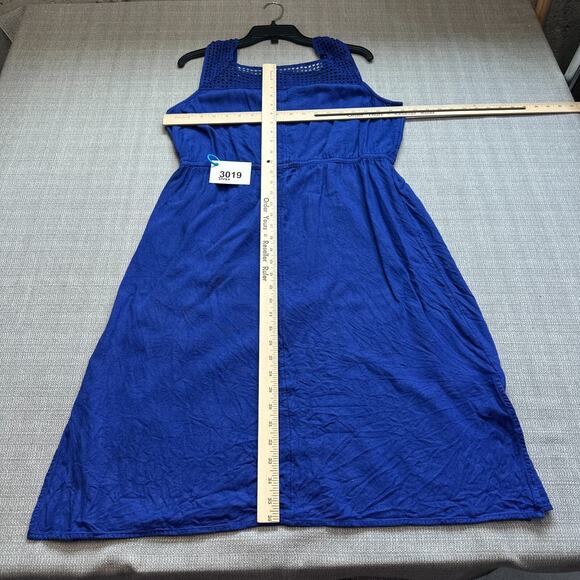 American Blue Summer Dress Blue Large Square Neck Linen Boho Crochet Trim - Picture 8 of 10